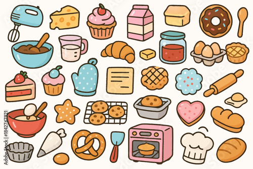 Cute cartoon bakery items and pastries collection with cakes and cookies