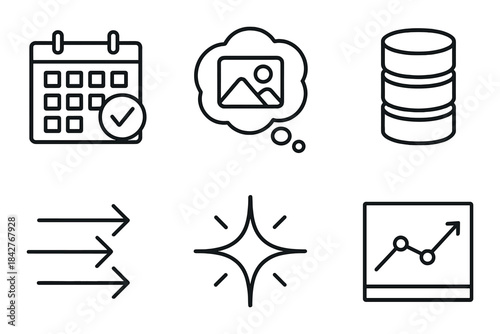 Black and white icons set featuring calendar, image, database, arrows, star, graph