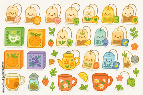 Cute tea-themed stickers with tea bags, mugs, and botanical designs.