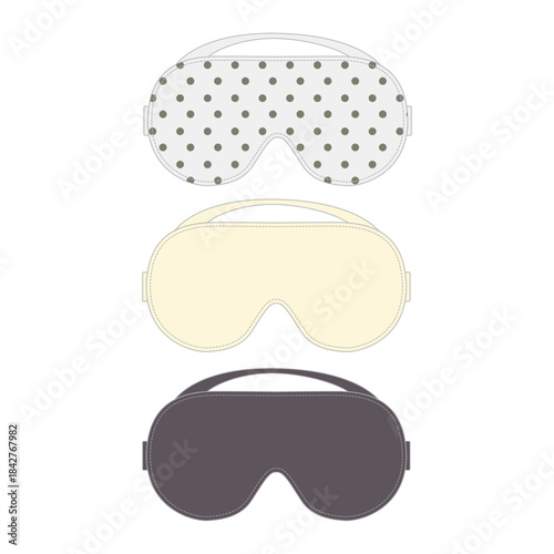 Vector illustration of a brown, yellow, and white polka dot sleep mask. Spa accessory silk fabric glasses for healthy eye rest. Set of sketches of fashionable eye masks.