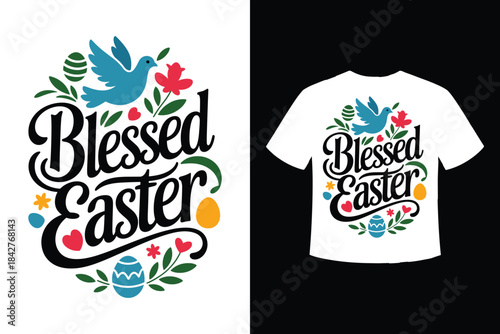 Blessed easter religious celebration design with dove and spring flower elements