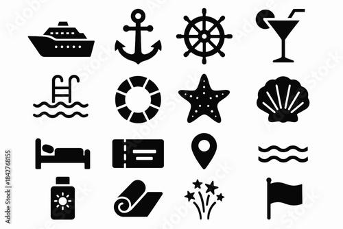 Nautical icons set: cruise ship, anchor, cocktail, starfish, shell, pool, ticket, fireworks, flag