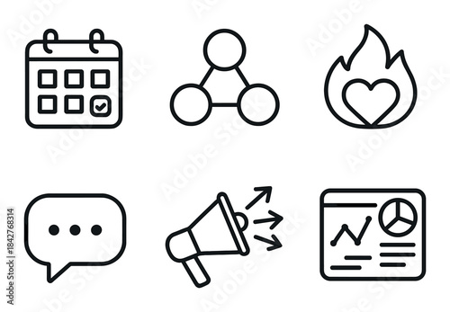 Set of black icons: calendar, share, fire, chat, megaphone, analytics