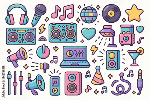 Colorful music and party icon set with speakers, microphone, and dj equipment.