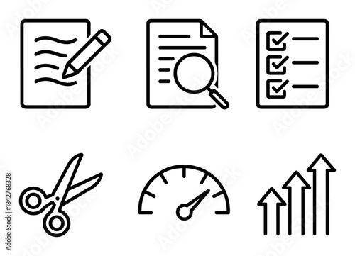 Icons of document, checklist, scissors, speedometer, and graph with black background