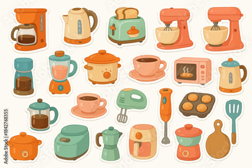 Charming cartoon kitchen appliances collection in pastel colors.