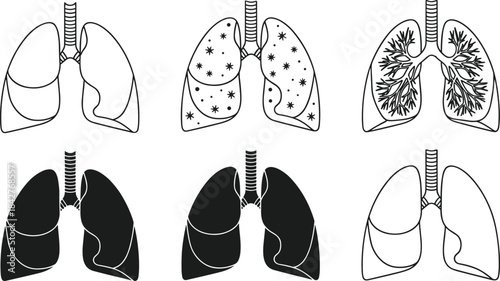 Human lung illustration, medical diagram set, anatomical outline, disease representation, bronchial tree graphic, black silhouette, healthcare icon bundle