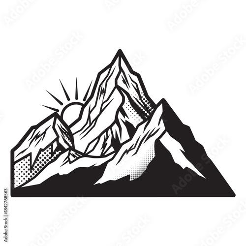 Snowy mountain peaks with rising sun creating a dramatic alpine landscape and valley vista.
