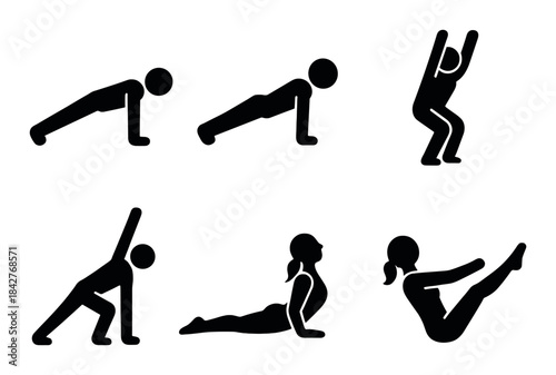 Silhouette fitness poses: plank, squat, triangle, cobra, boat exercises