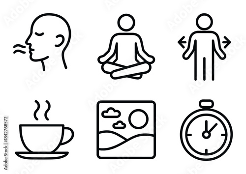 Relaxation and mindfulness icons: breathing, meditation, exercise, coffee, landscape, clock