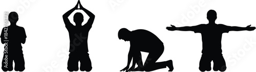 Silhouettes of people kneeling in various poses expressing meditation prayer gratitude surrender mindfulness emotional reflection spiritual concept calm peaceful scene