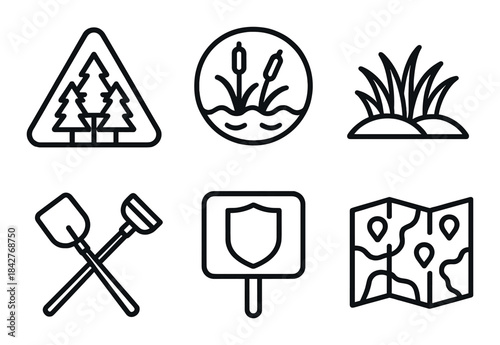 Nature and hiking icons: forest, wetlands, vegetation, tools, signage, map symbols