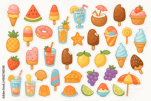 Colorful assortment of summer treats and refreshing beverages in cartoon style.