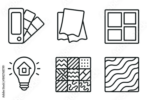 Interior design icons featuring color swatches, fabric samples, and patterned tiles