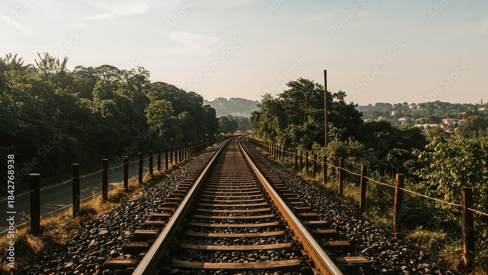 Obraz premium Railroad tracks extending into the distance with trees on both sides and a partly cloudy sky.