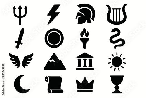 Greek mythology icons set: trident, helmet, lyre, torch, sword, wing, mountain, temple.
