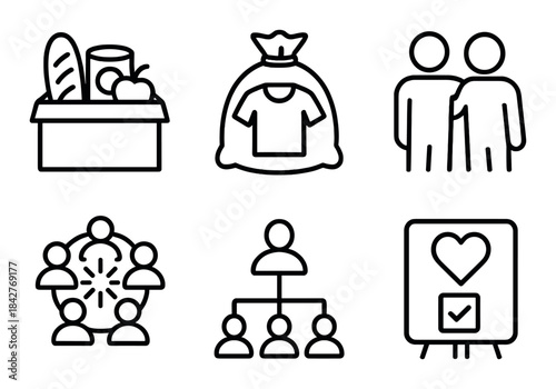 Charity icons: food donation, clothing drive, community support, team collaboration, organizational structure, volunteering