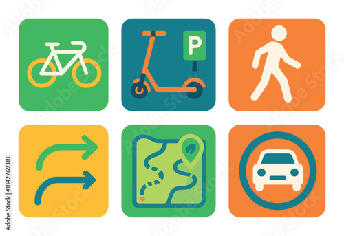 Transportation icons: bicycle, scooter, pedestrian, directions, map, car