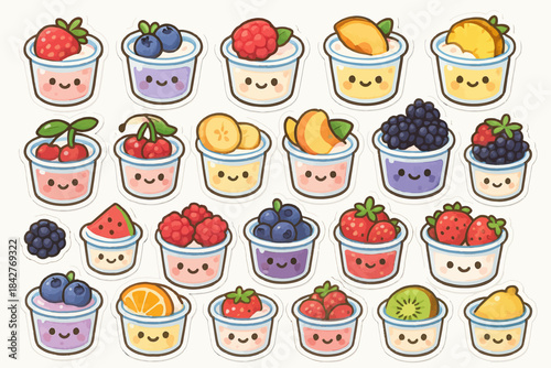 Colorful cartoon fruit yogurt cups with smiling faces.