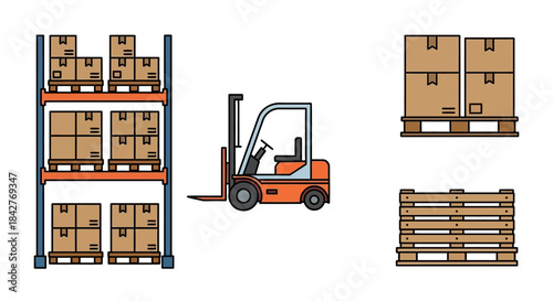 Warehouse Logistics - Forklift, Pallets, and Shelving System for Efficient Storage.