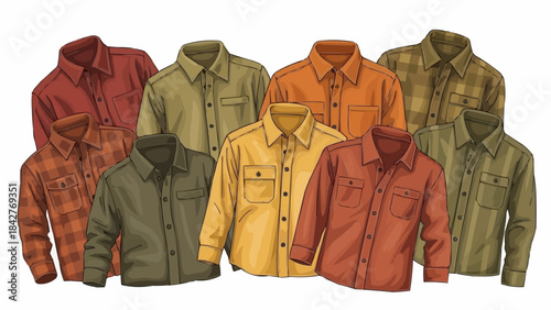 Collection of various colored long-sleeved button-up shirts.