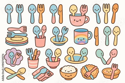 Cute cartoon utensils and tableware with smiling faces in various colors.