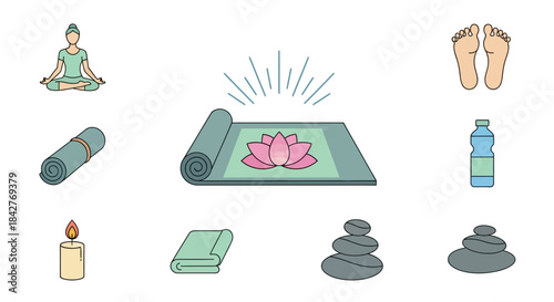 Yoga and Meditation Elements - Mat, Pose, Candle, Stones, and Water.
