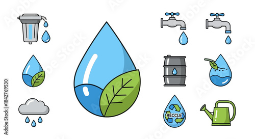 Water Conservation Icons - A Collection of Eco-Friendly Water Usage Symbols.