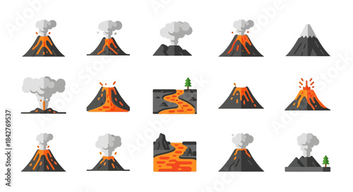Volcano Eruption Icons Set - Illustrating Volcanic Activity and Geological Formations.