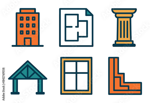 Architectural icons: building, blueprint, column, roof, window, cornice