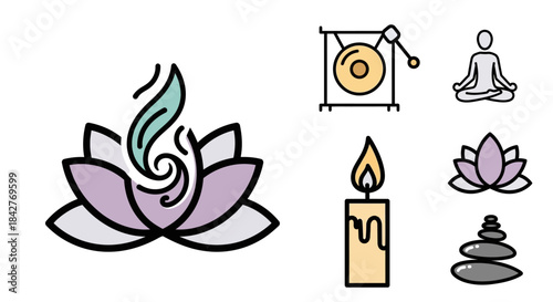 Zen Icons - Lotus, Gong, Meditation, Candle, and Stones for Wellness.
