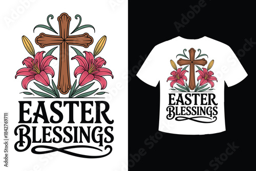Easter blessings design featuring a cross and pink lilies for christian holiday celebration