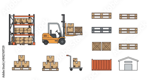 Yellow industrial forklift truck lifting brown cardboard boxes on wooden pallet illustration.