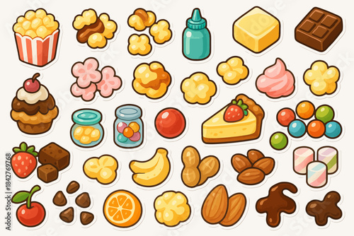Colorful assortment of cartoon sweets and snacks with popcorn, candy, and nuts.
