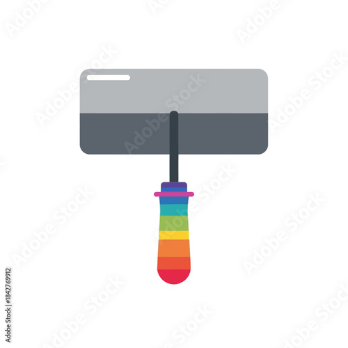 Wide metal taping knife with a vibrant, multi-colored rainbow striped handle, flat design style.