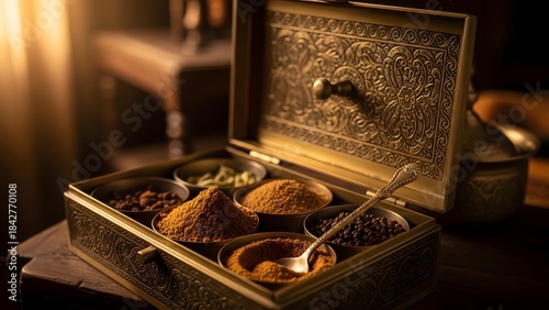 Fototapeta Naklejka Na Ścianę i Meble -  Vintage spice box filled with assorted Indian spices and herbs