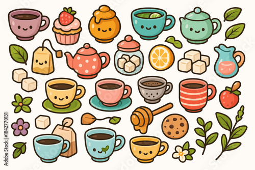 Charming tea time objects and sweets with cute cartoon faces.