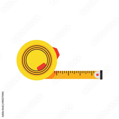 Yellow Tape Measure with Black Markings and Red Accents, Flat Design.