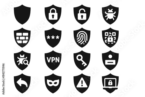 Cybersecurity icons set: lock, firewall, vpn, key, virus, fingerprint, qr code, mask.