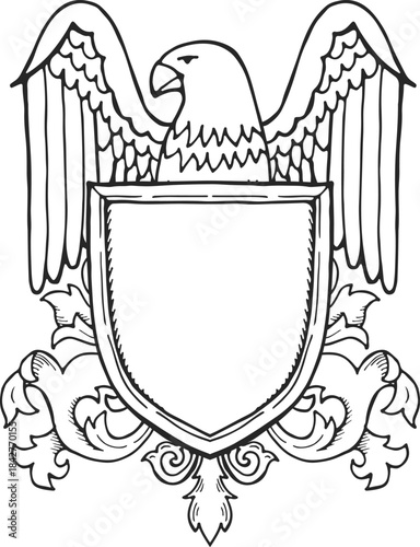 A black and white drawing of an eagle with a shield