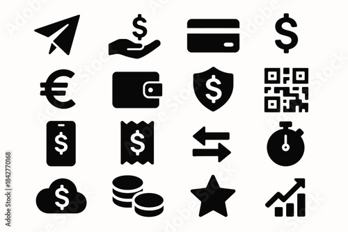 Minimalist finance icons set: currency, payment, wallets, and digital transactions collection.