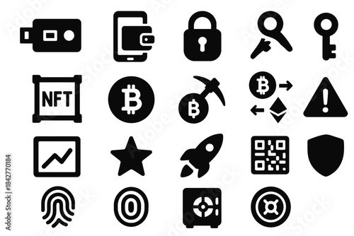 Cryptocurrency and blockchain icons: wallet, nft, bitcoin, security, qr code.