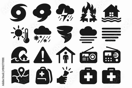 Weather warning icons: storms, disasters, emergency signs and safety symbols.