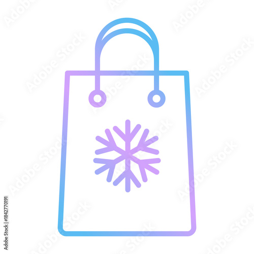 Color gradient Christmas gift bag icon with handle and snowflake symbol. Modern festive packaging sign for Xmas presents, web, apps, stickers and winter sale designs