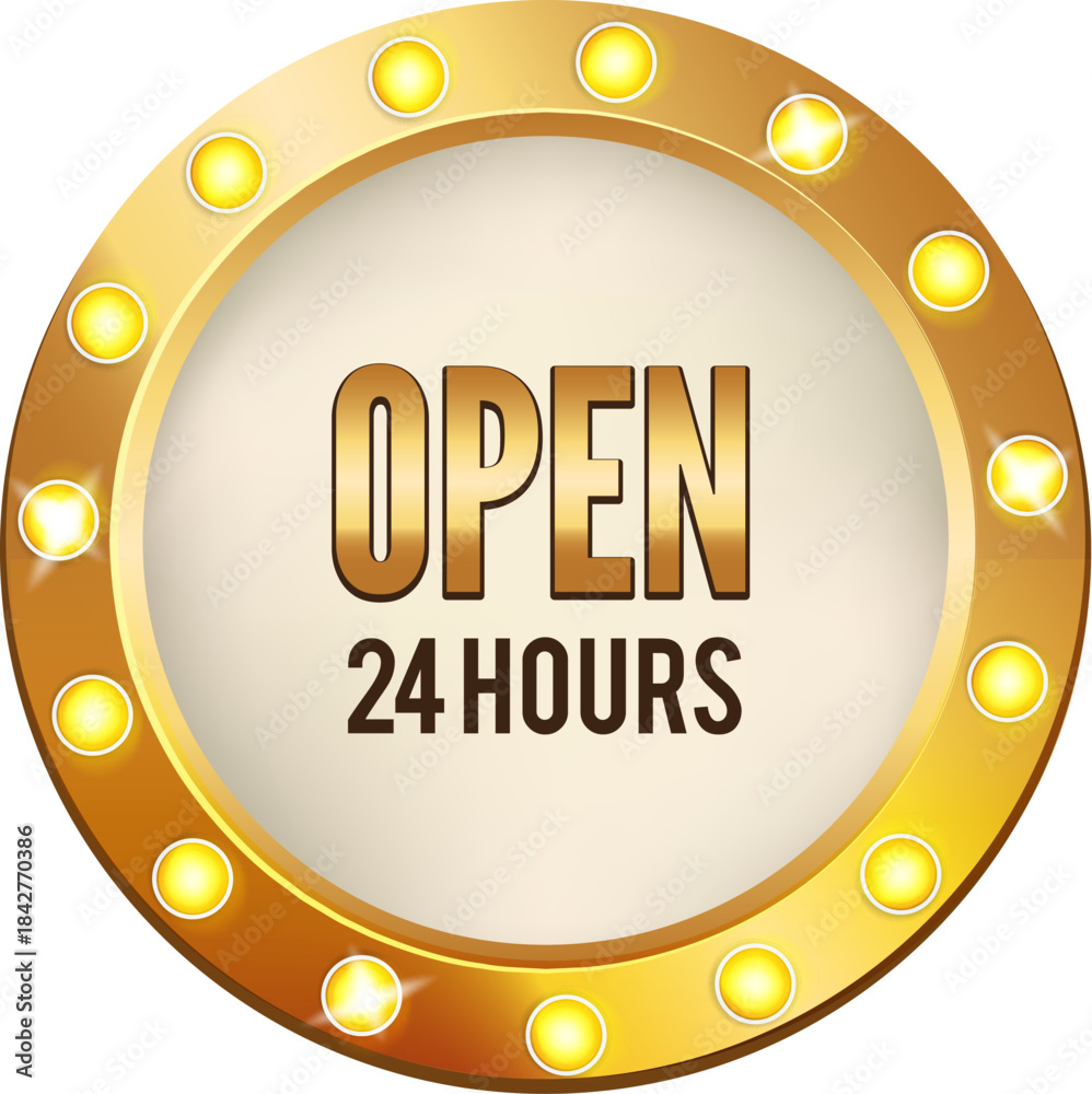 Fototapeta premium A gold circle with a lighted sign that says Open 24 hours