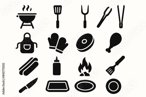 Barbecue icon set featuring grill tools and food elements in black silhouettes