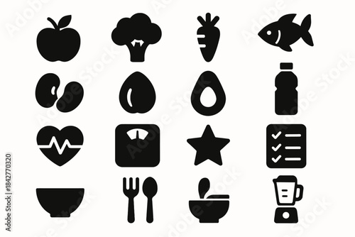 Healthy living icons set: fruits, vegetables, fitness, and cooking essentials