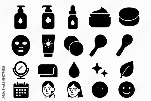 Skincare icons set: lotion, serum, cream, mask, mirror, calendar, sparkles