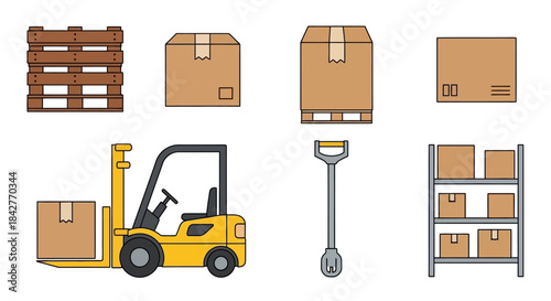 Warehouse Logistics - Pallets, Boxes, Forklift, and Storage Rack Illustration.