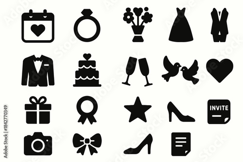 Wedding celebration icons set: cake, rings, doves, flowers, tuxedo, gown, and more
